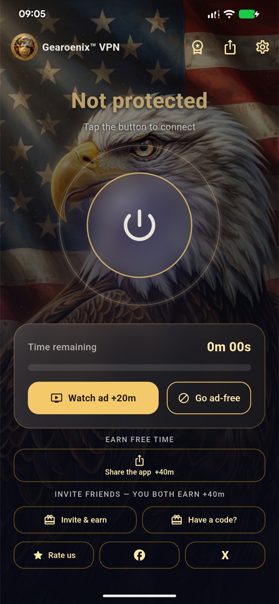 Gearoenix VPN home screen: Not protected, tap the button to connect